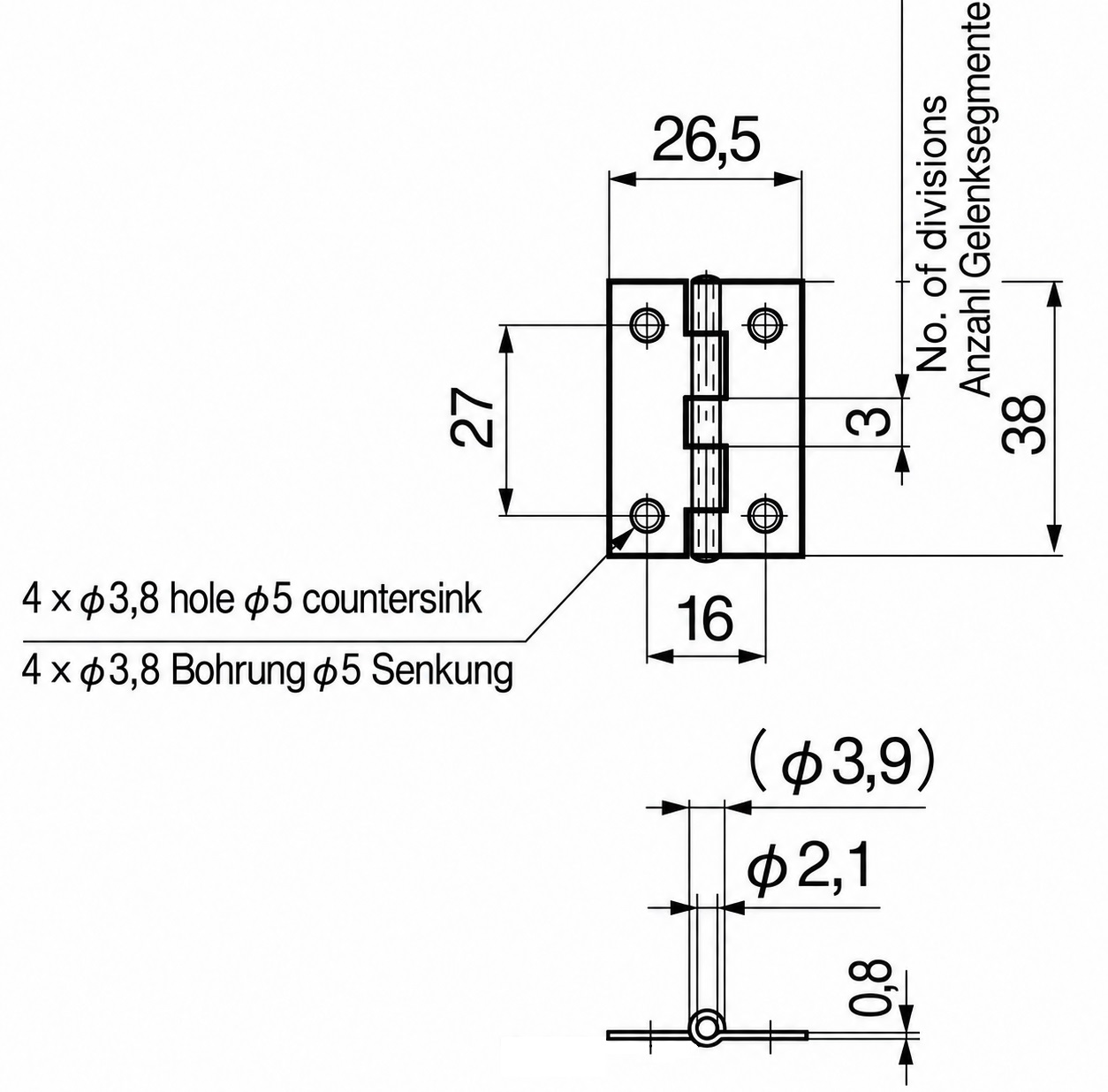Cerniera a vite di alta qualità, B-1059-5, dimensioni: 38 mm, di TAKIGEN, capacità di carico: 4,5 kg (10 lbs). Disegno tecnico