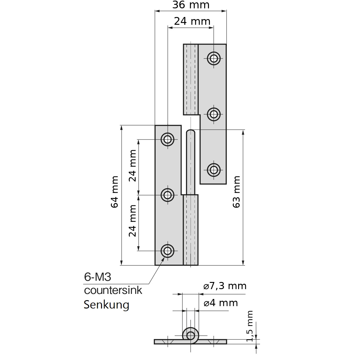 Cerniera per poster di alta qualità a 2 pezzi, realizzata in acciaio inossidabile SUS304, capacità di carico: 10 kg (23 lbs), 64 mm (2-33/64"), versione: destra, B-1004-2-R. Cerniera robusta sollevabile per porte, portelli di manutenzione e molto altro, realizzata da TAKIGEN (Giappone) - immagine 2