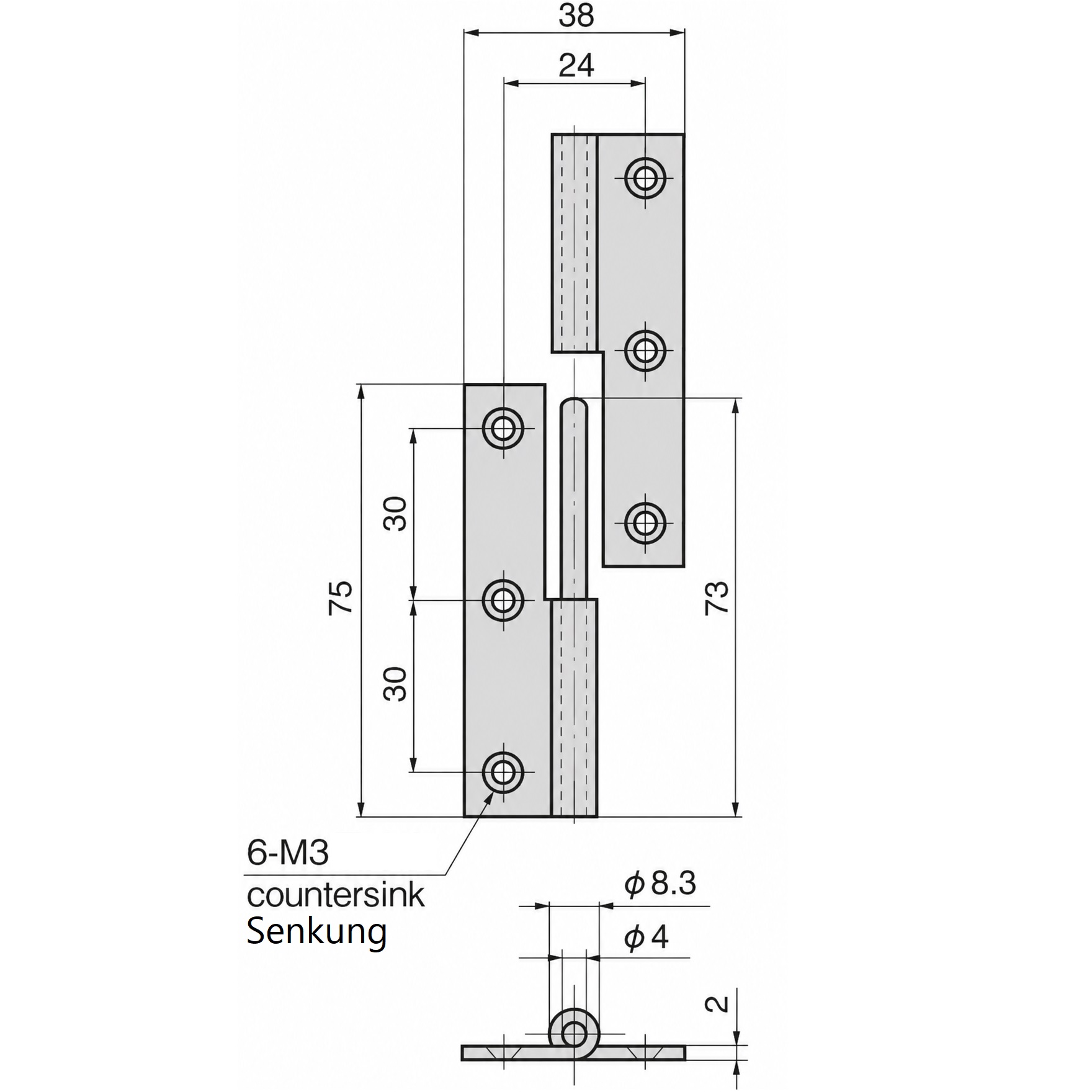 2 pezzi di cerniera per poster di alta qualità, realizzati in acciaio inossidabile SUS304, capacità di carico: 15 kg (34 lbs), 75 mm (2-61/64"), versione: destra, B-1004-1-R. Cerniera robusta sollevabile per porte, portelli di manutenzione e molto altro, realizzata da TAKIGEN (Giappone) - immagine 2