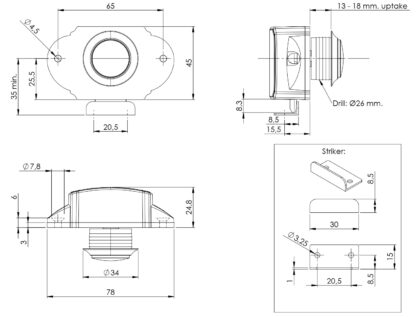 Robusta chiusura a pulsante con funzione maniglia, in ABS, superficie: cromata, versione: rotonda, 14.03.047-0. Pulsante compatto per roulotte, yacht, roulotte, barche, anta dell'armadio, cassetto e molto altro, di SISO Danimarca - immagine 2