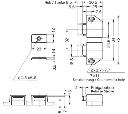 Chiusura a scatto magnetica compatta, incl. contropiastra, superficie: bianco, 25 mm (63/64"), versione: con 2 pistoncini, ML-30WW. Apriporta doppio salvaspazio per ante di mobili, ante di armadi e molto altro, di Sugatsune / LAMP® (Giappone) - immagine 2