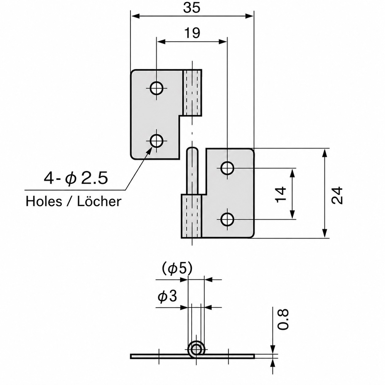 Cerniera sollevabile compatta, B-56-L, altezza: 35 mm, di TAKIGEN, capacità di carico: 2 kg (5 lbs), versione: sinistra. Disegno tecnico