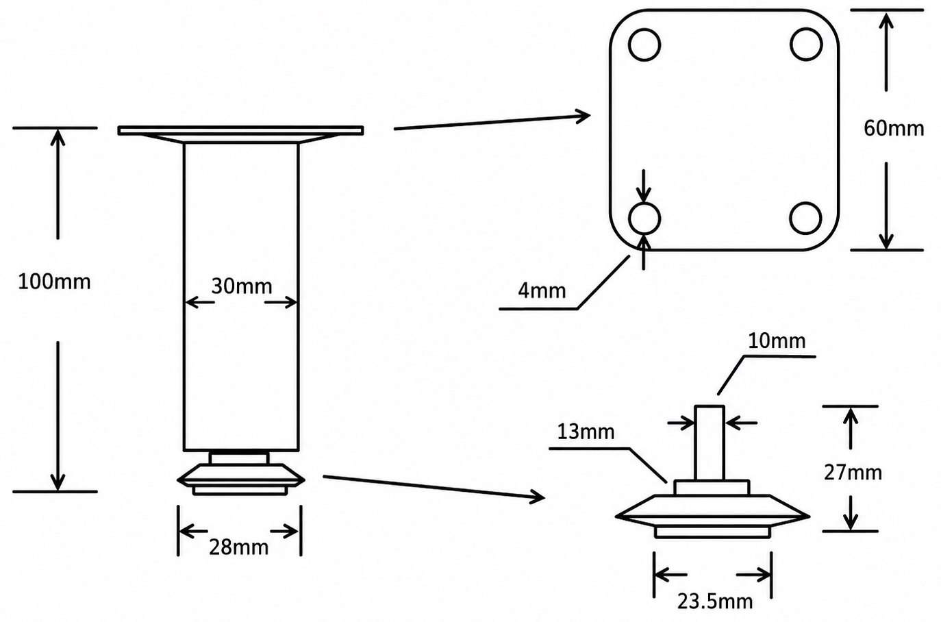 Gamba per mobili di alta qualità, 06.09.412-0, dimensione: 100 mm, SISO, nera. Disegno tecnico
