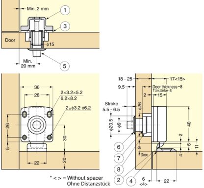 Chiusura a pulsante per ante di mobili di grosso spessore da 22 a 25 mm, superficie: avorio, SL-B251-I. Push-Latch per la conversione di camper, interni di yacht, mobili per roulotte e molto altro, di Sugatsune / LAMP® (Giappone) - immagine 2