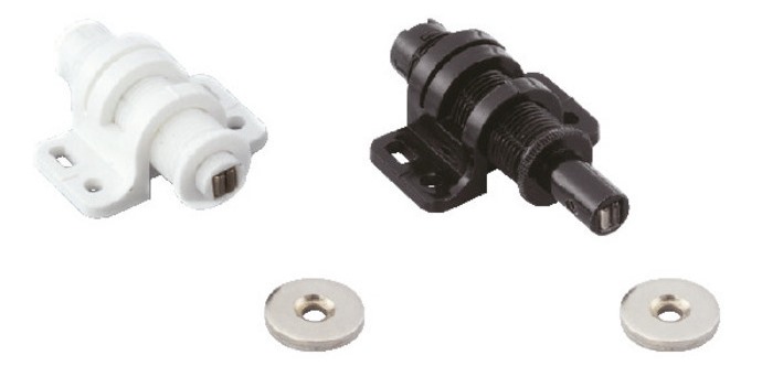 2 pezzi patta magnetica a scatto rotonda con opzione di regolazione, incl. contropiastra, superficie: bianco, MC-25WT. Apriporta push-to-open per ante di mobili, ante di armadi e molto altro, di Sugatsune / LAMP® (Giappone) - immagine 3