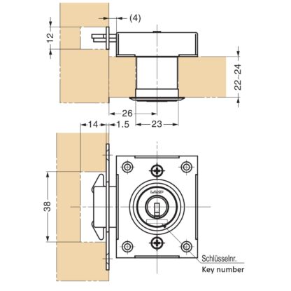 Serratura per porta scorrevole, in acciaio inox SUS304, superficie: nichelato, satinato opaco, finitura: multi-keying, 7810K-24-SNI-L-B. Serratura per tapparelle per porte scorrevoli e molto altro, di Sugatsune / LAMP® (Giappone) - immagine 3
