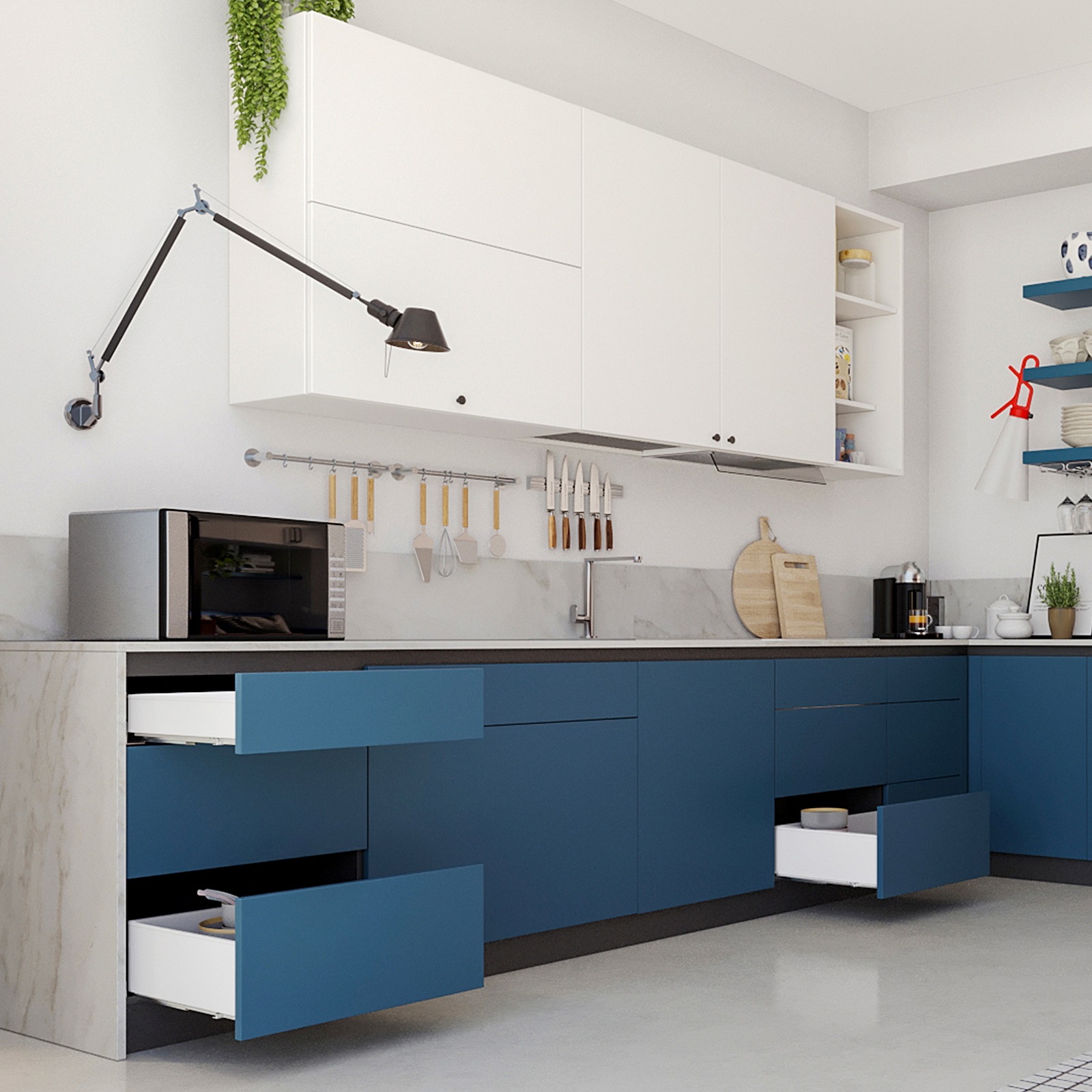 Set cassetti, con telai extra sottili, altezza: 88 mm (3-15/32"), superficie: bianco, 440 mm (17-21/64"), versione: estensione parziale con apertura a spinta, 3275312. cassetti per arredi da cucina e molto altro, di EMUCA - immagine 9