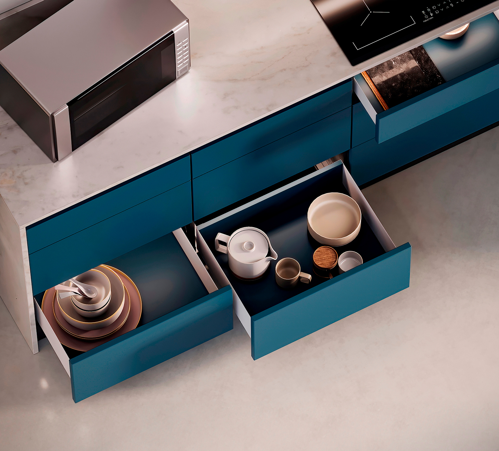 Set di cassetti, con telai extra sottili, altezza: 88 mm (3-15/32"), superficie: bianco, 350 mm (13-25/32"), versione: estrazione parziale con chiusura ammortizzata, 3275112. set di cassetti per mobili da cucina e molto altro, di EMUCA - immagine 9