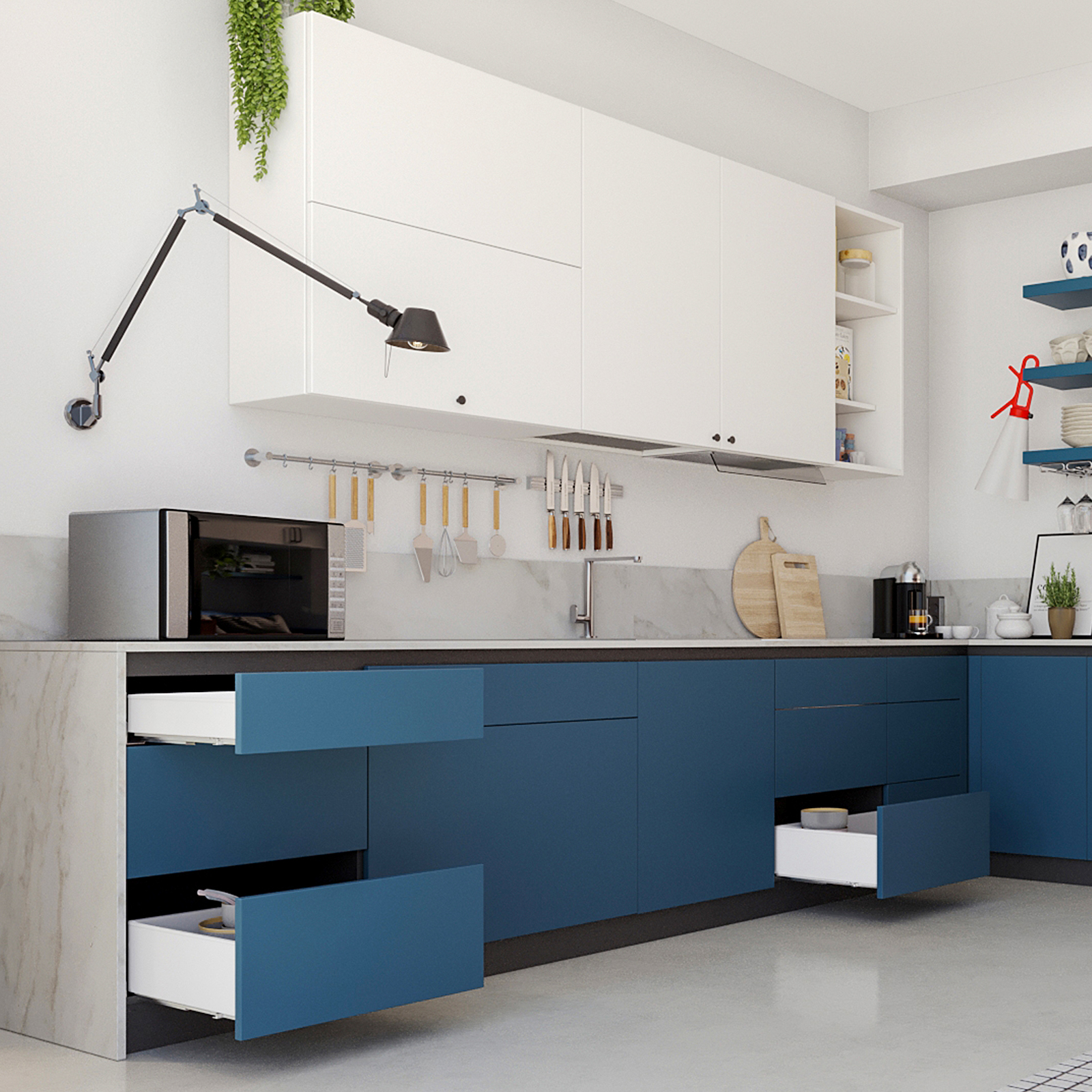 Set cassetti, con telai extra sottili, altezza: 88 mm (3-15/32"), superficie: bianco, 340 mm (13-25/64"), versione: estensione completa con chiusura soffocante, set cassetti 3275112. per mobili da cucina e molto altro, di EMUCA - immagine 2