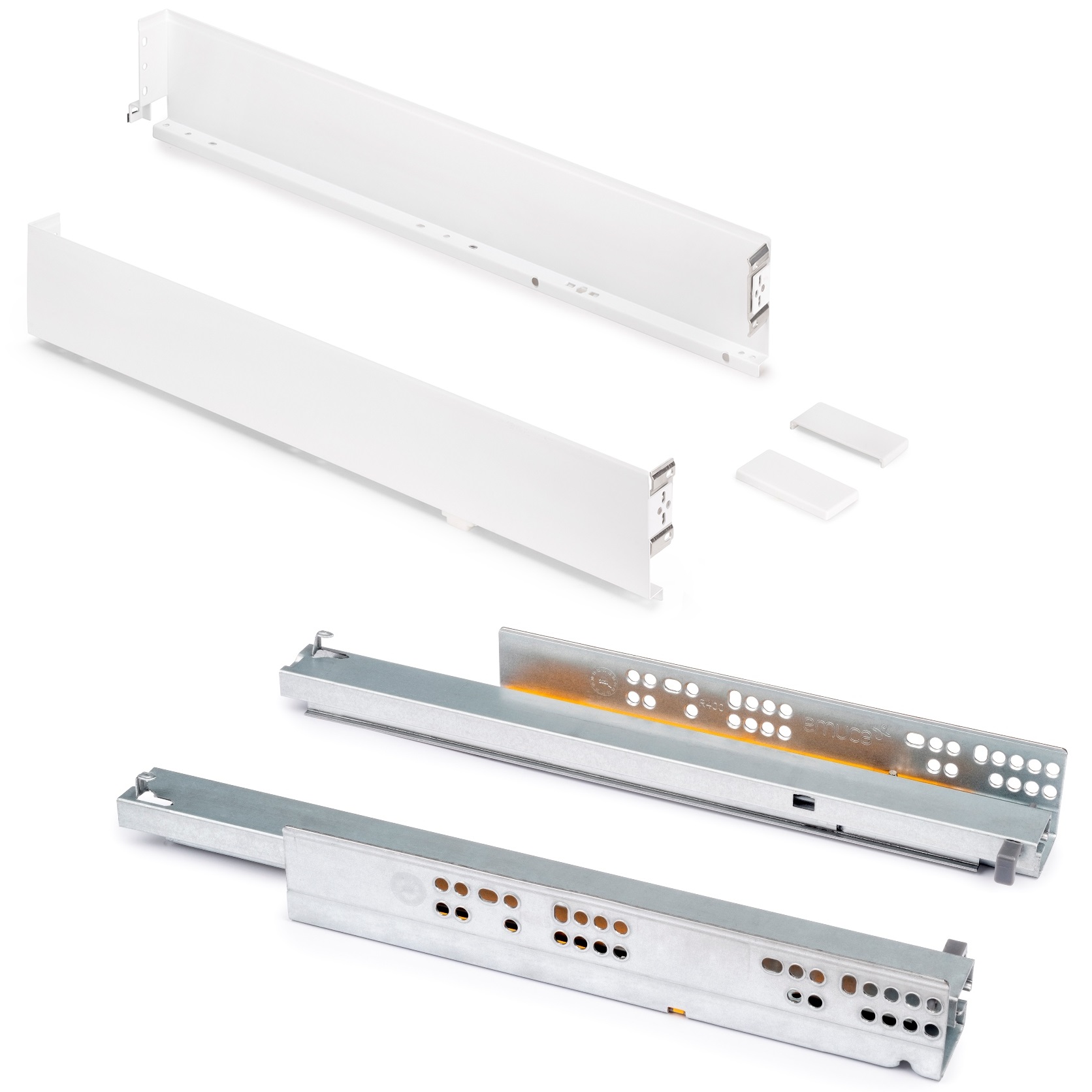 Set cassetti, con telai extra sottili, altezza: 88 mm, 3275112, profondità cassetto: 340 mm, da EMUCA, bianco, versione: estensione completa con chiusura soffocante. Immagine del prodotto