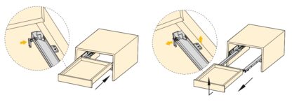 Guida sottopavimento, capacità di carico: 30 kg (67 lbs), 250 mm (9-27/32"), versione: estrazione totale con chiusura ammortizzata, 3124005. Cassetto sottopavimento di alta qualità per cassetto in legno, cassetto in legno, ripiano in legno e molto altro, di EMUCA - immagine 3