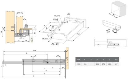 Guide sottopavimento, capacità di carico: 25 kg (56 lbs), 400 mm (15-3/4"), Design: Estrazione parziale con apertura a pressione, 3123305. Cassetti sottopavimento di alta qualità per cassetti in legno, ripiani in legno e molto altro, di EMUCA - immagine 2