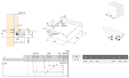 Guide sottopavimento, capacità di carico: 30 kg (67 lbs), 400 mm (15-3/4"), versione: estrazione totale con chiusura ammortizzata, 3124305. Cassetti sottopavimento di alta qualità per cassetti in legno, cassetti in legno, ripiani in legno e molto altro, di EMUCA - immagine 2